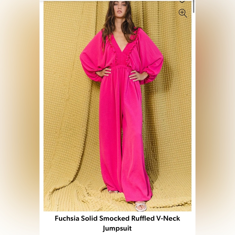 Bucketlist Pink Smocked Ruffled V-Neck Jumpsuit